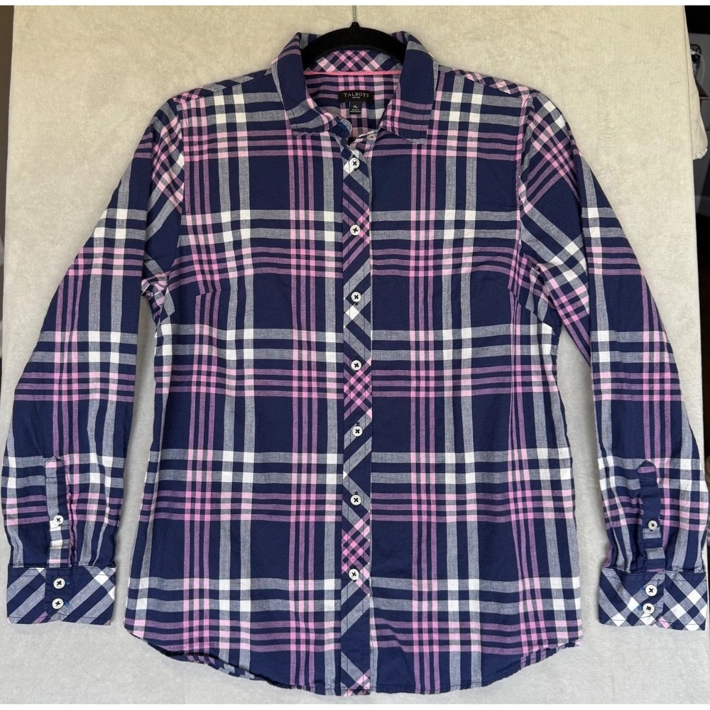 Talbots Petite Womens Shirt Medium Plaid Button Up‎ Classic Long Sleeve Purple